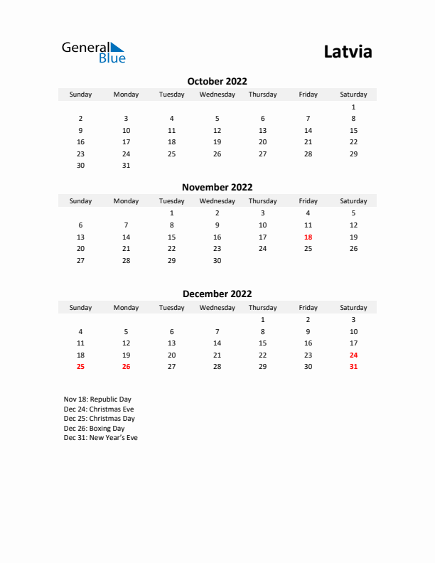 Printable Quarterly Calendar with Notes and Latvia Holidays- Q4 of 2022