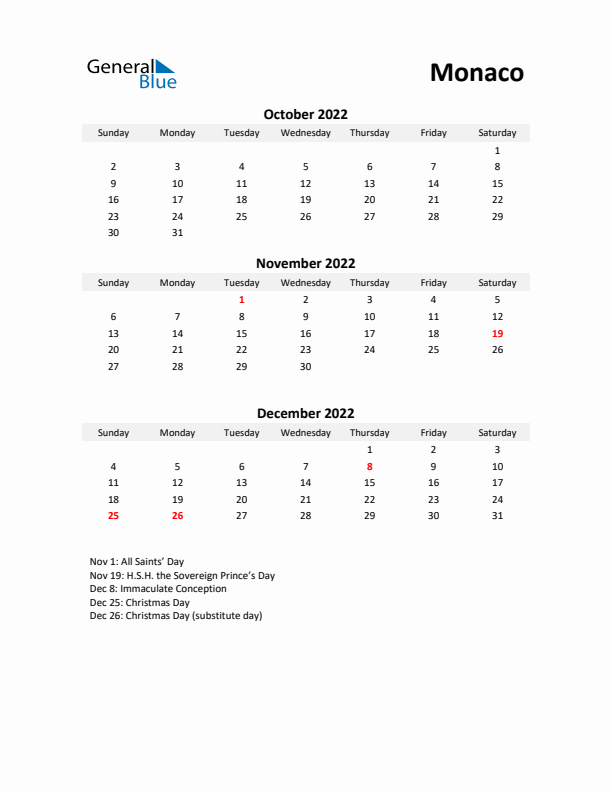 Printable Quarterly Calendar with Notes and Monaco Holidays- Q4 of 2022