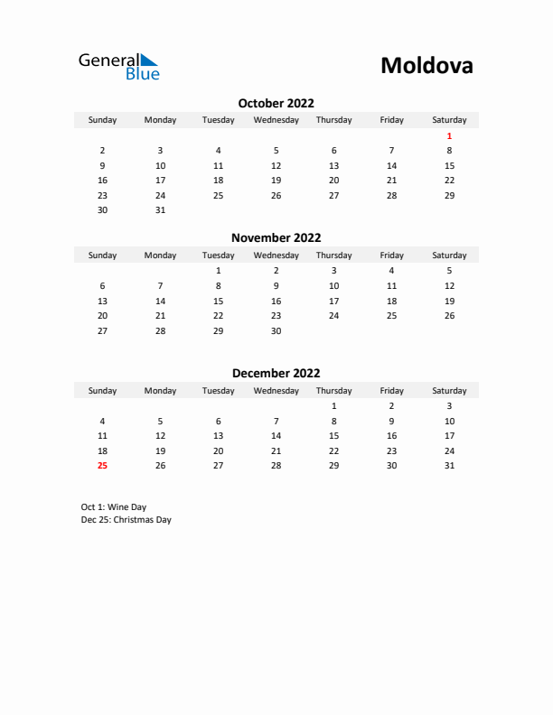 Printable Quarterly Calendar with Notes and Moldova Holidays- Q4 of 2022