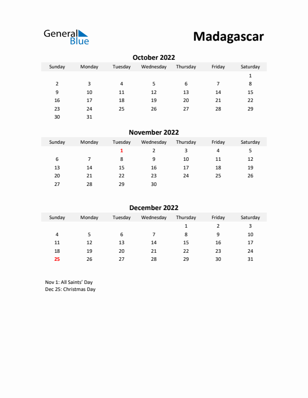 Printable Quarterly Calendar with Notes and Madagascar Holidays- Q4 of 2022