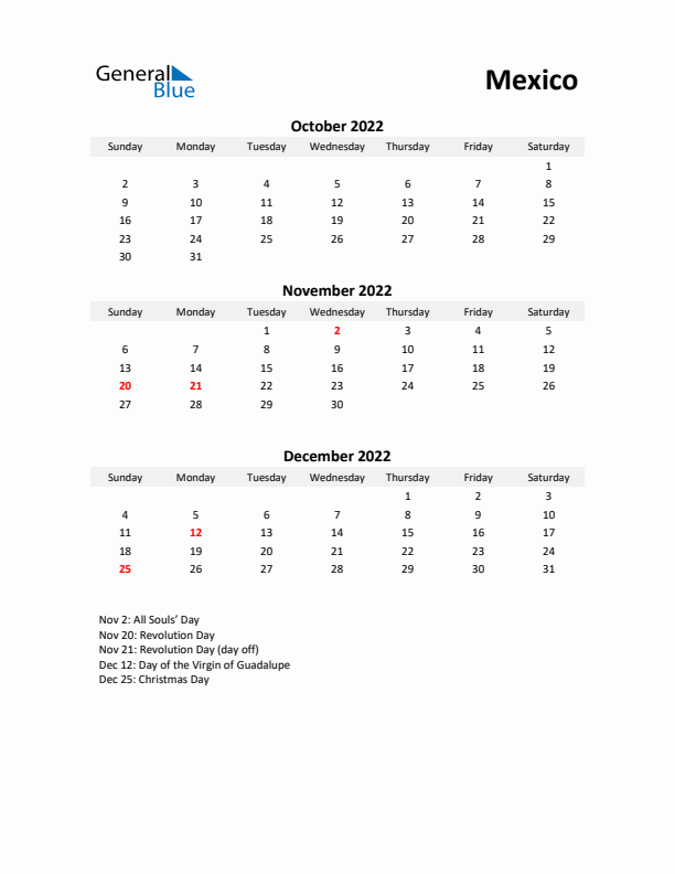 Printable Quarterly Calendar with Notes and Mexico Holidays- Q4 of 2022