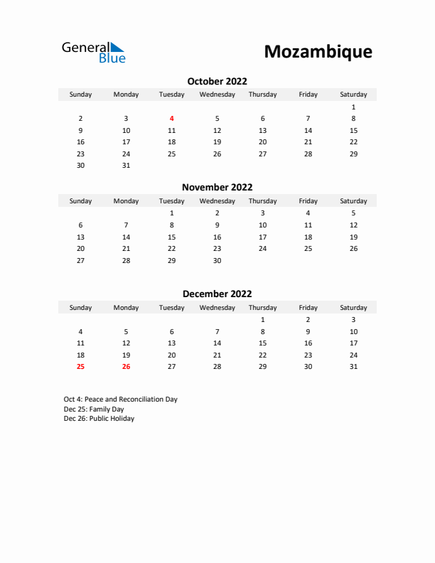 Printable Quarterly Calendar with Notes and Mozambique Holidays- Q4 of 2022