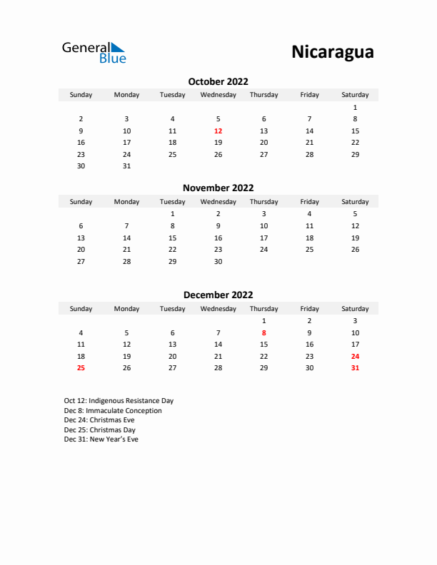 Printable Quarterly Calendar with Notes and Nicaragua Holidays- Q4 of 2022