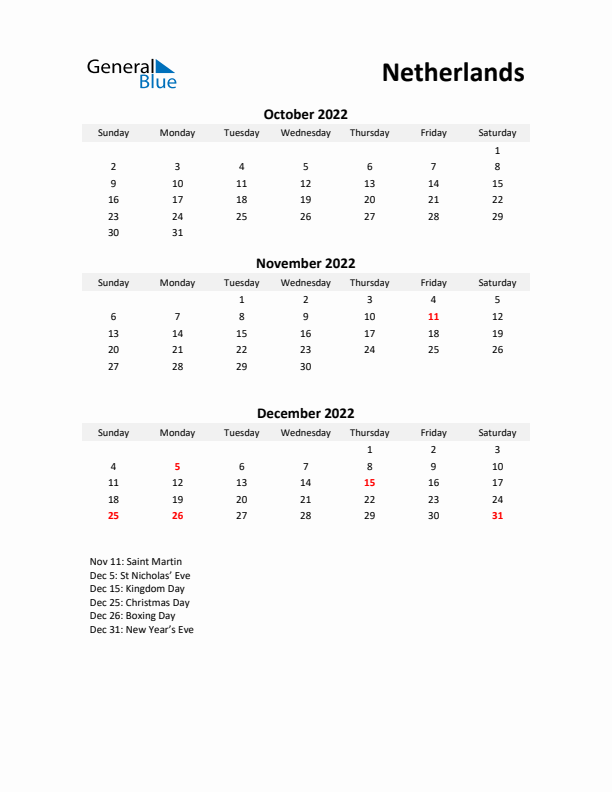 Printable Quarterly Calendar with Notes and The Netherlands Holidays- Q4 of 2022