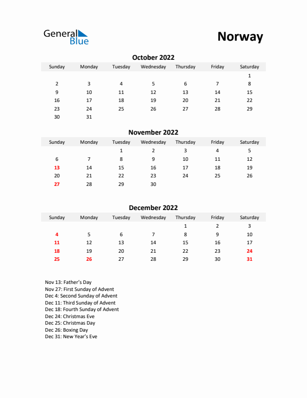 Printable Quarterly Calendar with Notes and Norway Holidays- Q4 of 2022