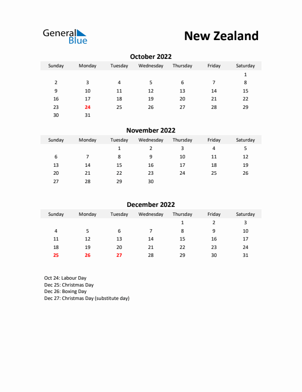 Printable Quarterly Calendar with Notes and New Zealand Holidays- Q4 of 2022