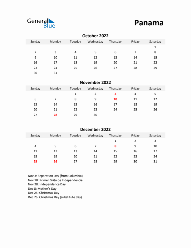 Printable Quarterly Calendar with Notes and Panama Holidays- Q4 of 2022