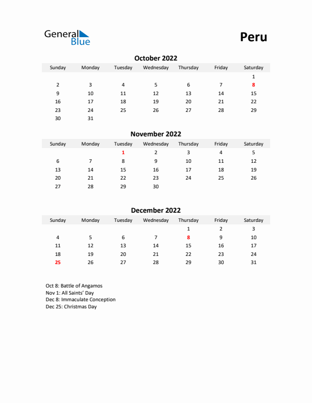 Printable Quarterly Calendar with Notes and Peru Holidays- Q4 of 2022