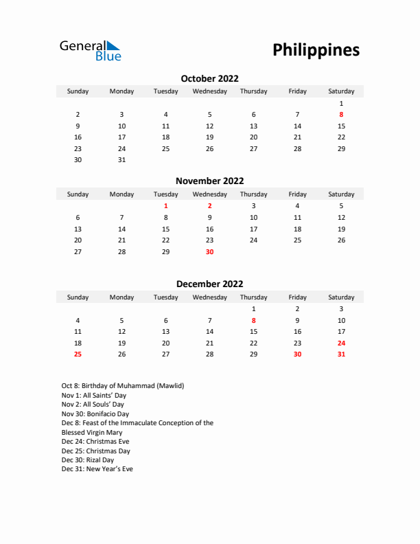 Printable Quarterly Calendar with Notes and Philippines Holidays- Q4 of 2022