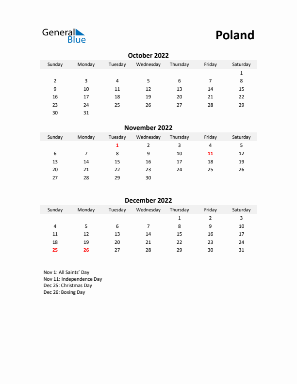 Printable Quarterly Calendar with Notes and Poland Holidays- Q4 of 2022