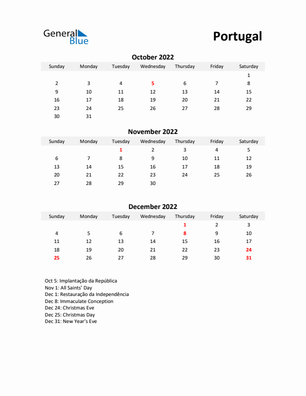 Printable Quarterly Calendar with Notes and Portugal Holidays- Q4 of 2022