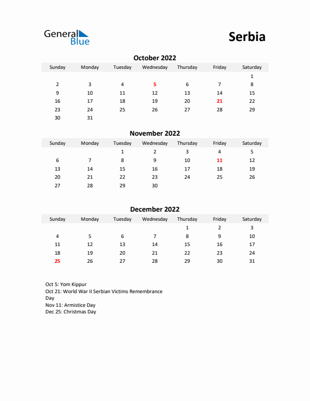 Printable Quarterly Calendar with Notes and Serbia Holidays- Q4 of 2022