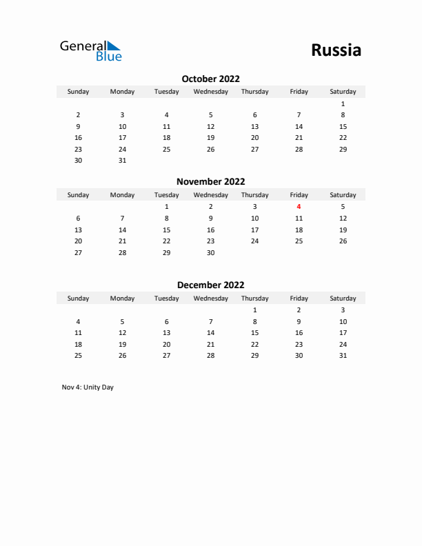 Printable Quarterly Calendar with Notes and Russia Holidays- Q4 of 2022