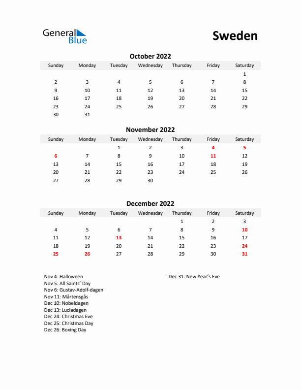 Printable Quarterly Calendar with Notes and Sweden Holidays- Q4 of 2022