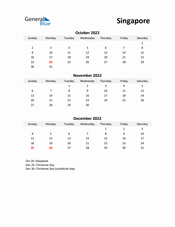 Printable Quarterly Calendar with Notes and Singapore Holidays- Q4 of 2022