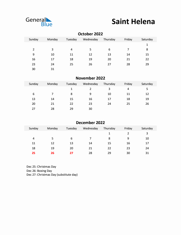 Printable Quarterly Calendar with Notes and Saint Helena Holidays- Q4 of 2022