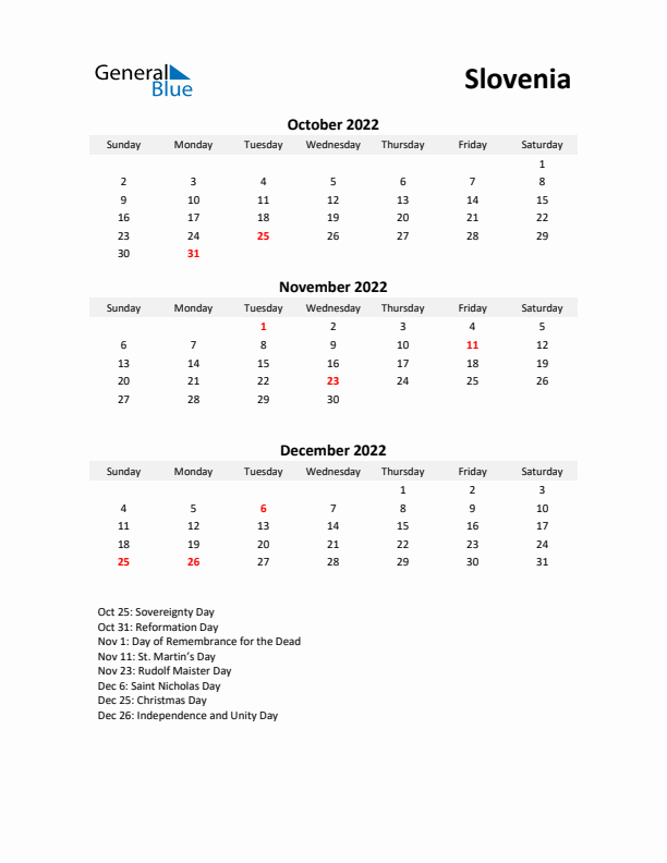 Printable Quarterly Calendar with Notes and Slovenia Holidays- Q4 of 2022