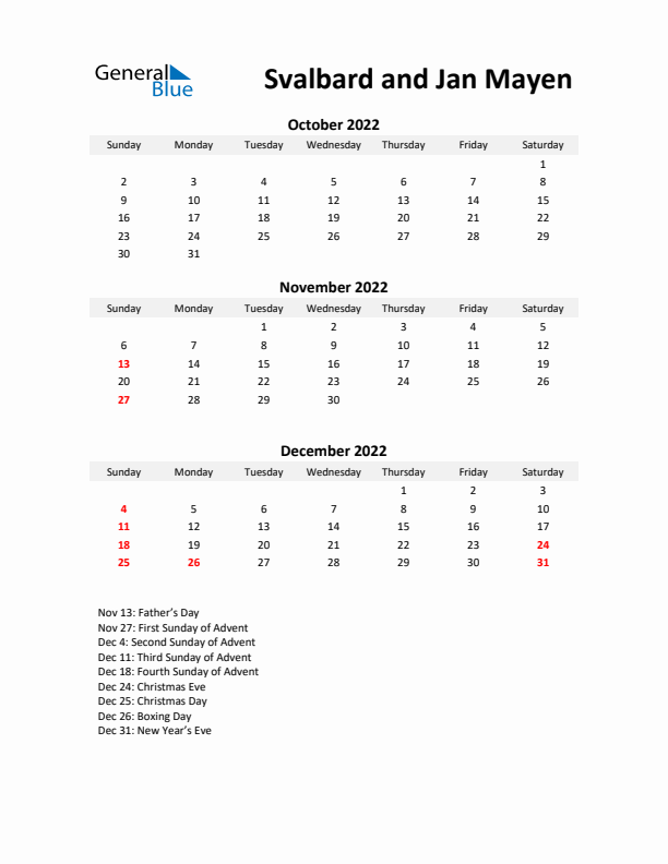 Printable Quarterly Calendar with Notes and Svalbard and Jan Mayen Holidays- Q4 of 2022