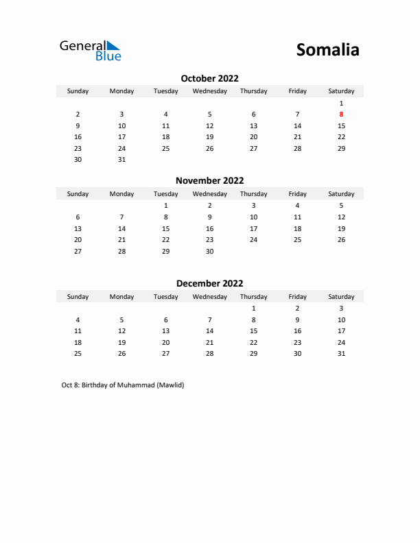 Printable Quarterly Calendar with Notes and Somalia Holidays- Q4 of 2022