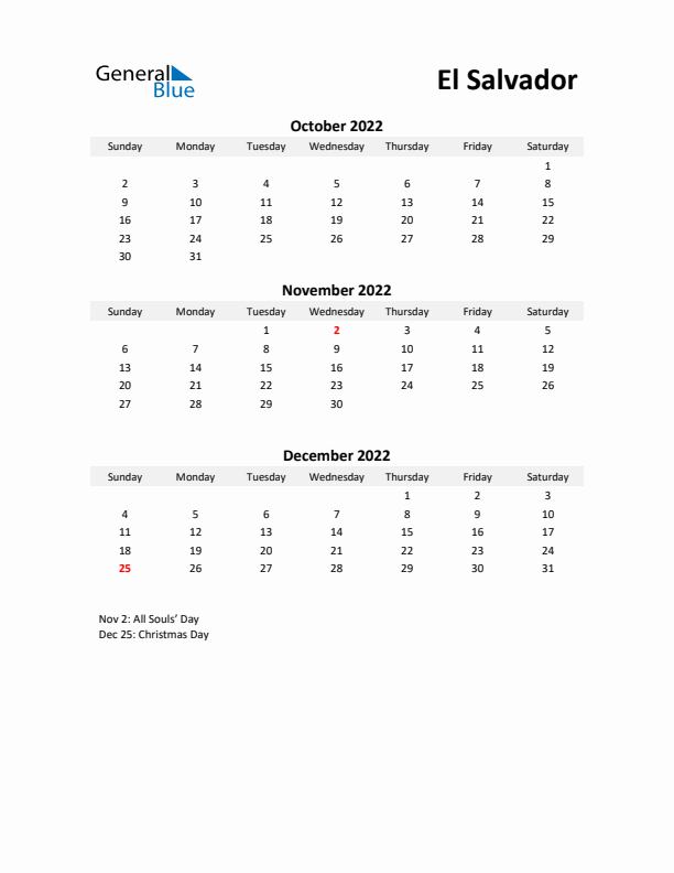 Printable Quarterly Calendar with Notes and El Salvador Holidays- Q4 of 2022