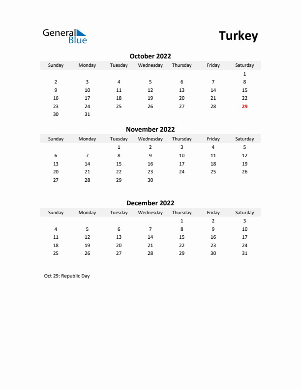 Printable Quarterly Calendar with Notes and Turkey Holidays- Q4 of 2022