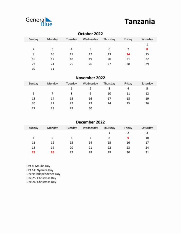 Printable Quarterly Calendar with Notes and Tanzania Holidays- Q4 of 2022