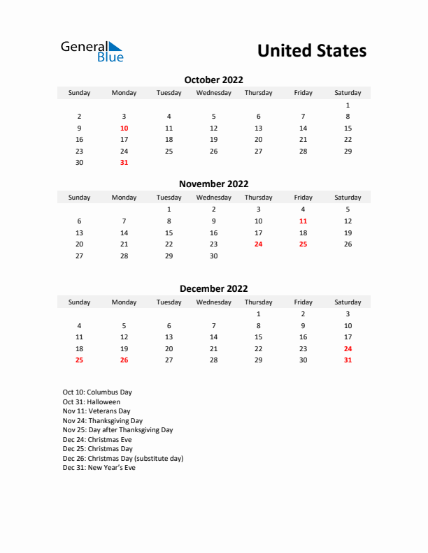 Printable Quarterly Calendar with Notes and United States Holidays- Q4 of 2022