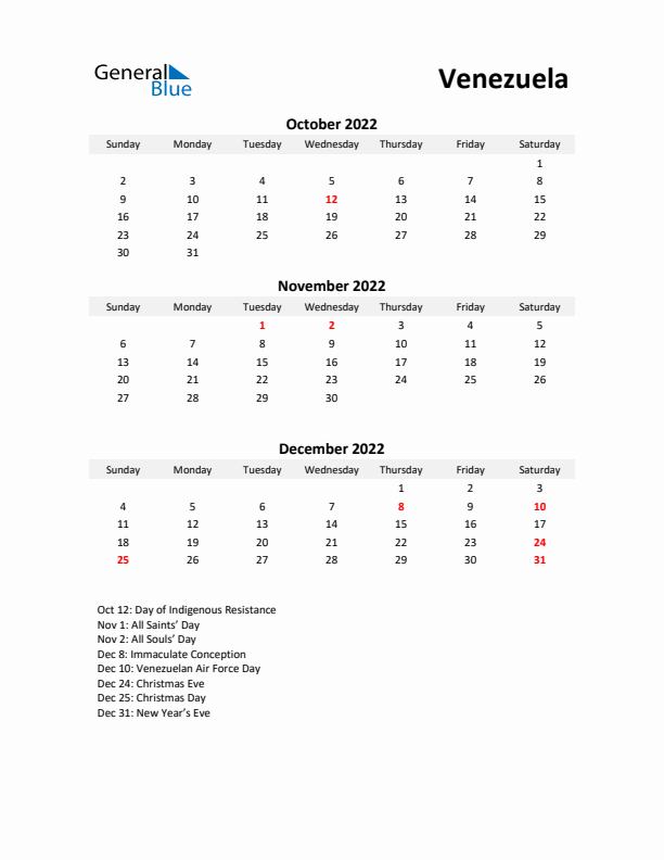 Printable Quarterly Calendar with Notes and Venezuela Holidays- Q4 of 2022