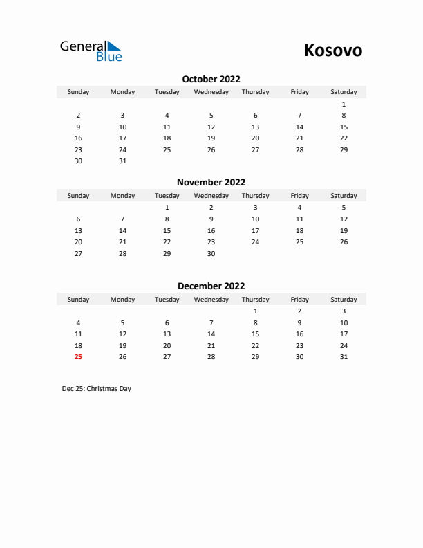 Printable Quarterly Calendar with Notes and Kosovo Holidays- Q4 of 2022