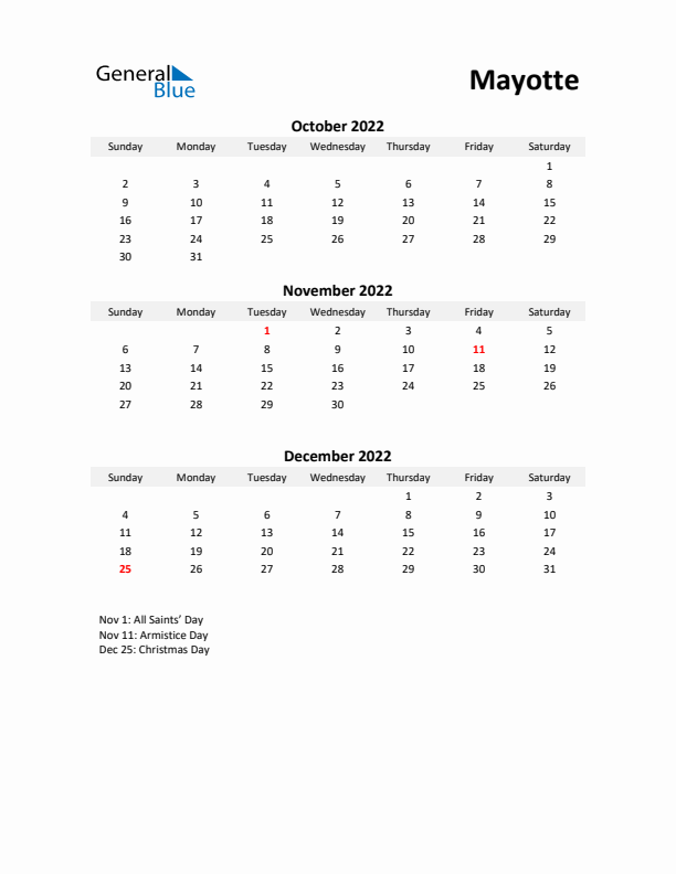 Printable Quarterly Calendar with Notes and Mayotte Holidays- Q4 of 2022