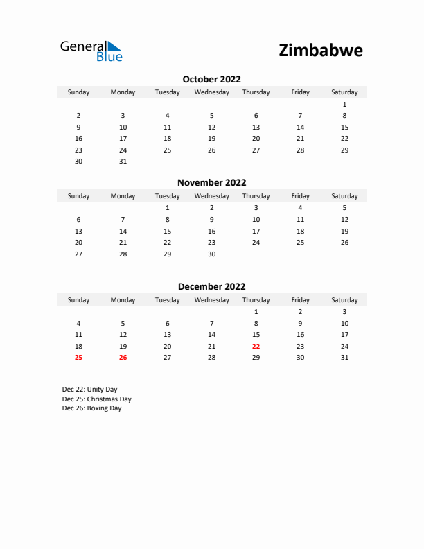 Printable Quarterly Calendar with Notes and Zimbabwe Holidays- Q4 of 2022