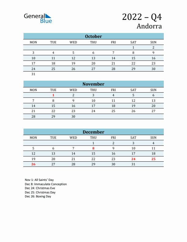 Three-Month Planner for Q4 2022 with Holidays - Andorra