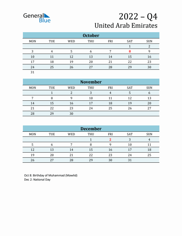 Three-Month Planner for Q4 2022 with Holidays - United Arab Emirates