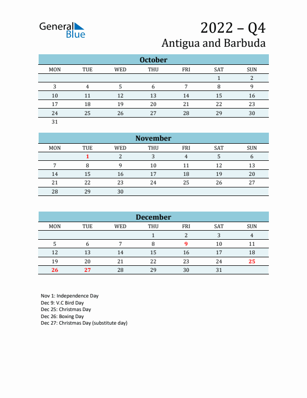 Three-Month Planner for Q4 2022 with Holidays - Antigua and Barbuda