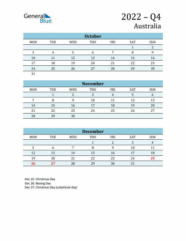 Three-Month Planner for Q4 2022 with Holidays - Australia