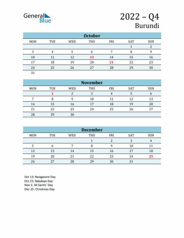 Three-Month Planner for Q4 2022 with Holidays - Burundi