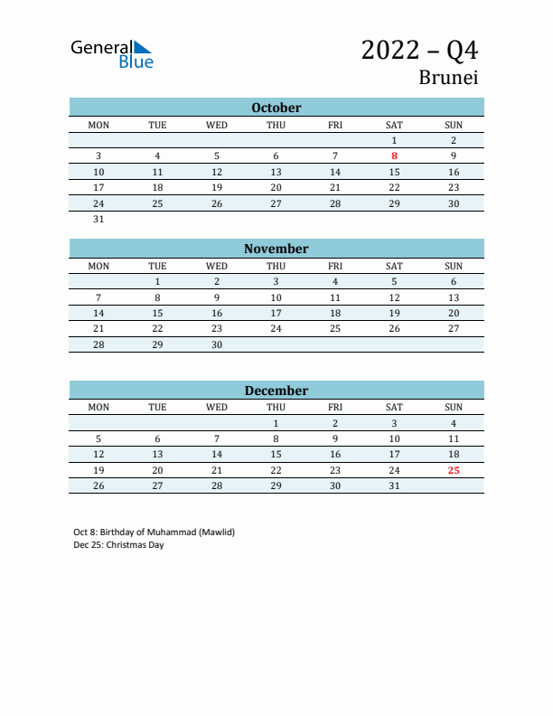 Three-Month Planner for Q4 2022 with Holidays - Brunei