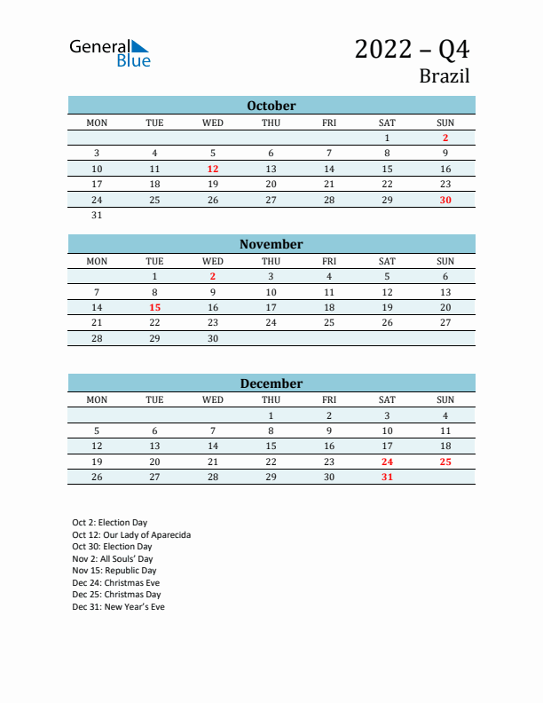 Three-Month Planner for Q4 2022 with Holidays - Brazil