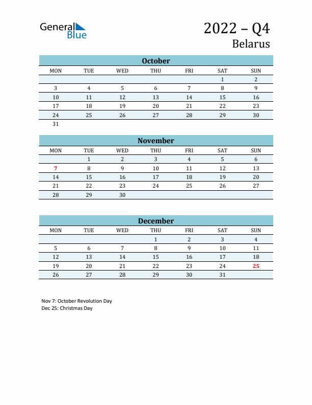 Three-Month Planner for Q4 2022 with Holidays - Belarus