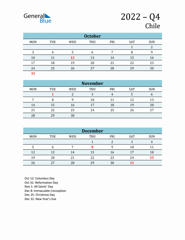 Three-Month Planner for Q4 2022 with Holidays - Chile