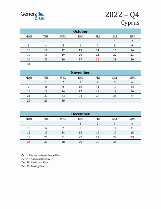 Three-Month Planner for Q4 2022 with Holidays - Cyprus