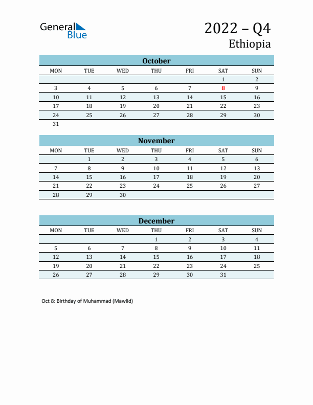 Three-Month Planner for Q4 2022 with Holidays - Ethiopia