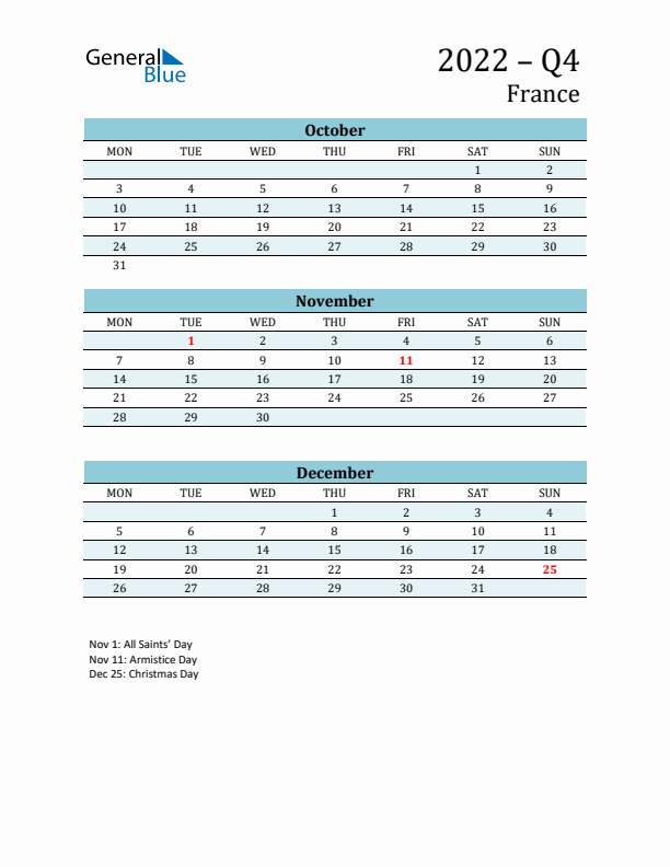 Three-Month Planner for Q4 2022 with Holidays - France