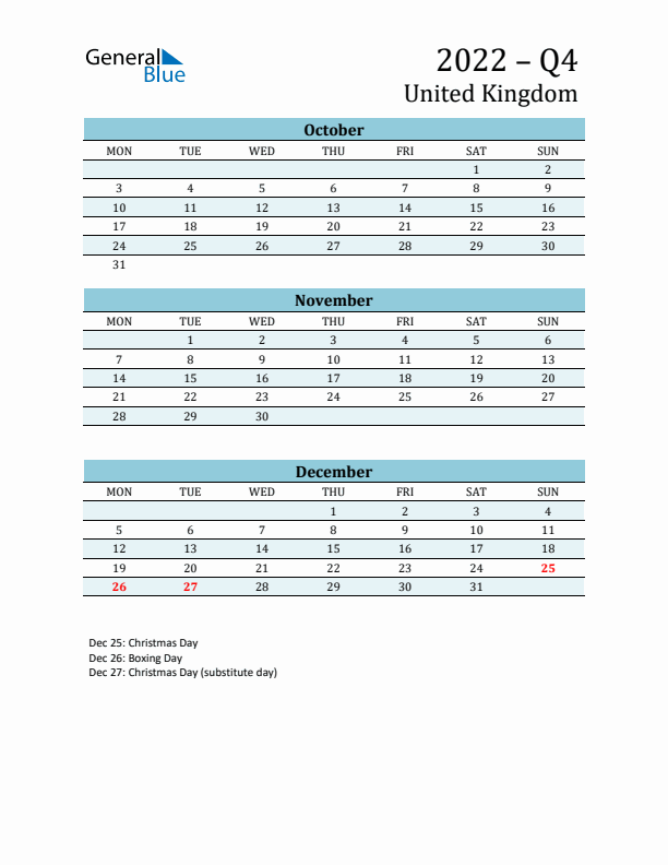 Three-Month Planner for Q4 2022 with Holidays - United Kingdom