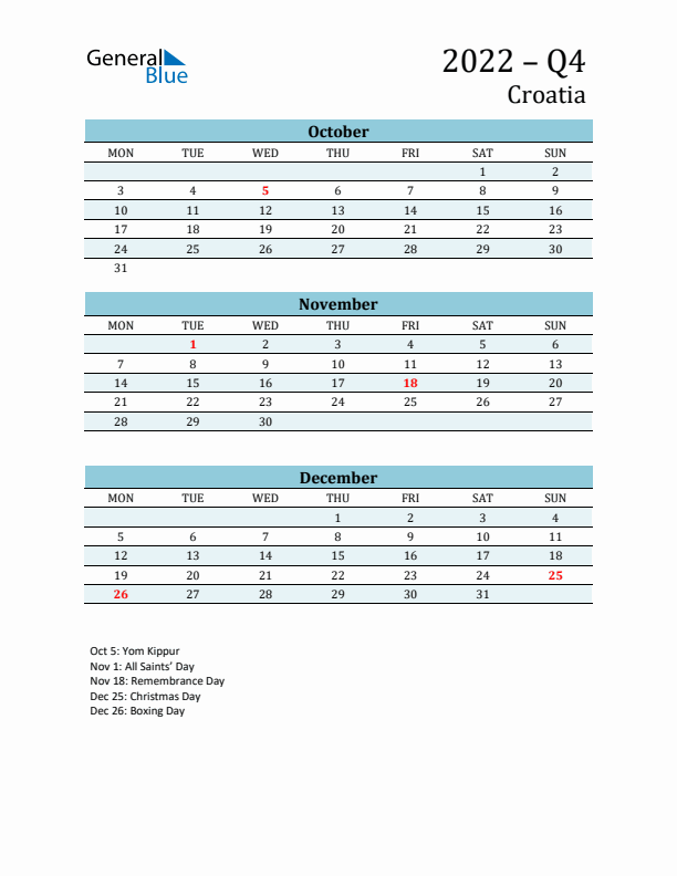 Three-Month Planner for Q4 2022 with Holidays - Croatia