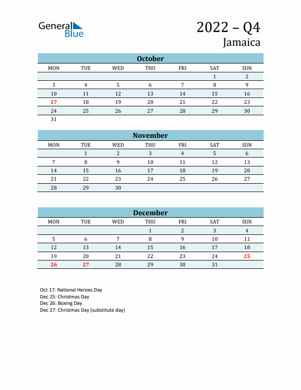 Three-Month Planner for Q4 2022 with Holidays - Jamaica