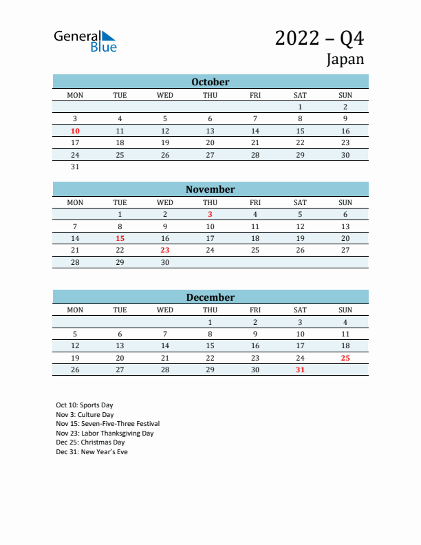 Three-Month Planner for Q4 2022 with Holidays - Japan