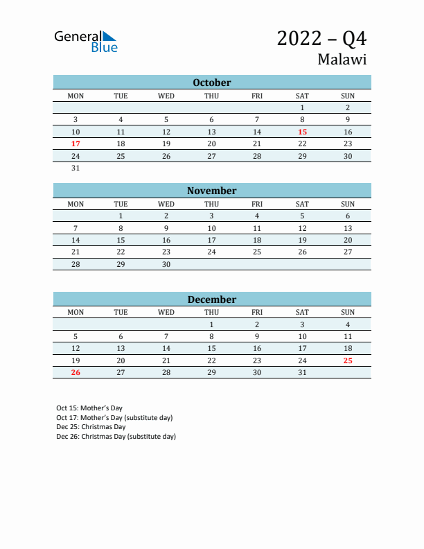 Three-Month Planner for Q4 2022 with Holidays - Malawi