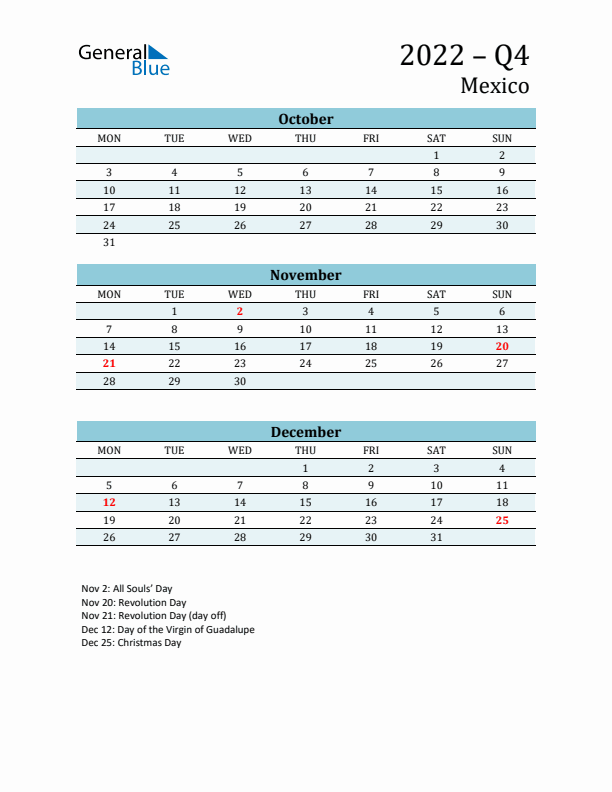 Three-Month Planner for Q4 2022 with Holidays - Mexico