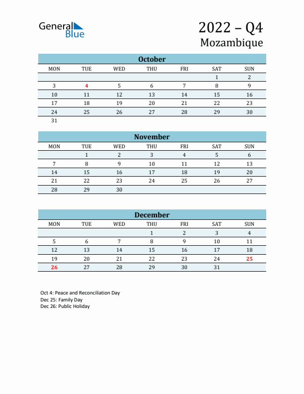 Three-Month Planner for Q4 2022 with Holidays - Mozambique